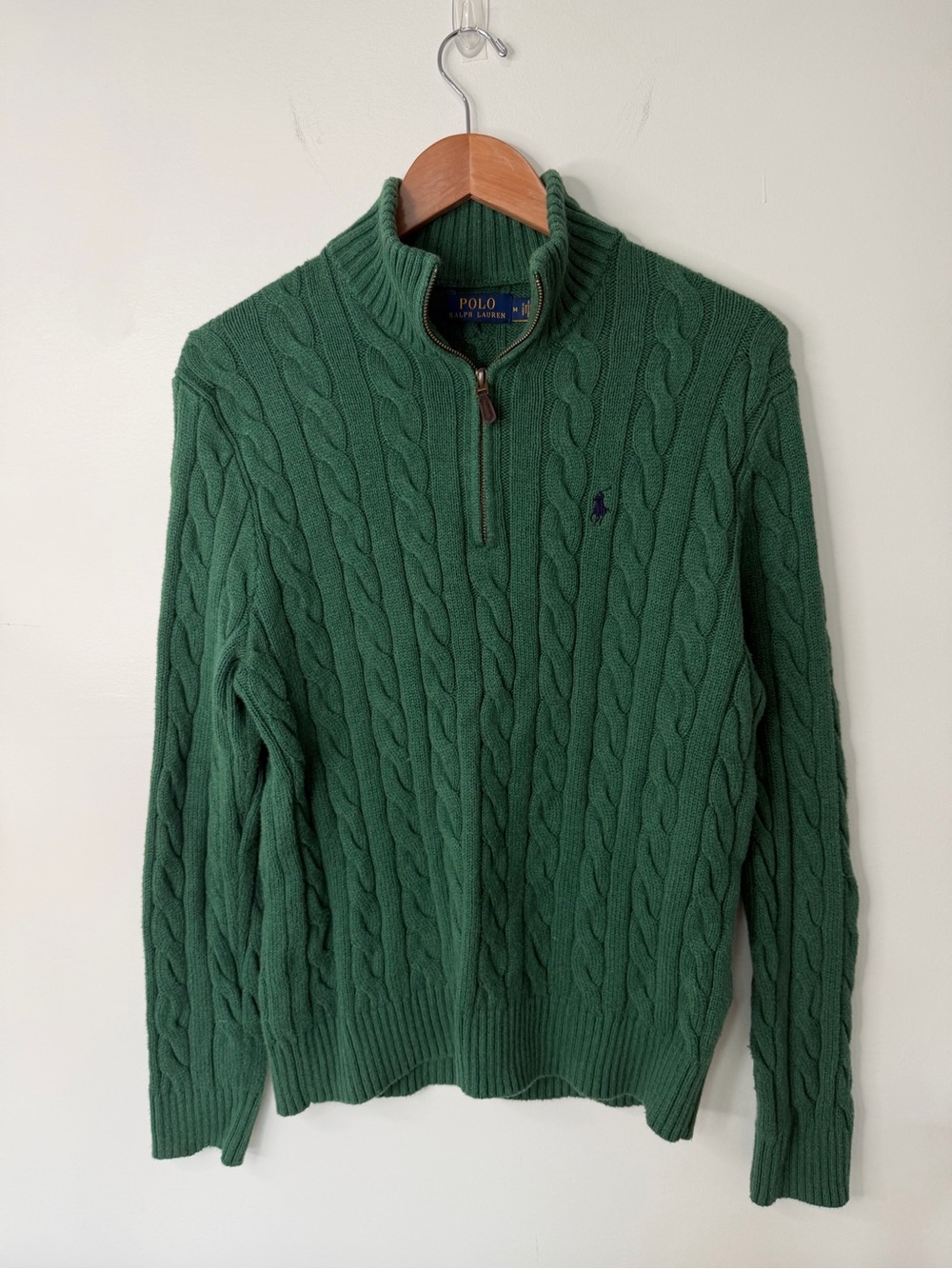Polo Ralph Lauren Cable Knit 1/4 Quarter Zip Sweater Green Pony Logo Men’s M